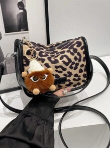 时尚圆形水桶大容量纯色豹纹印花托特包单肩包 - 卡其色 - 查看 3