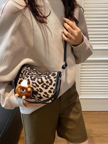 时尚圆形水桶大容量纯色豹纹印花托特包单肩包 - 卡其色 - 查看 7