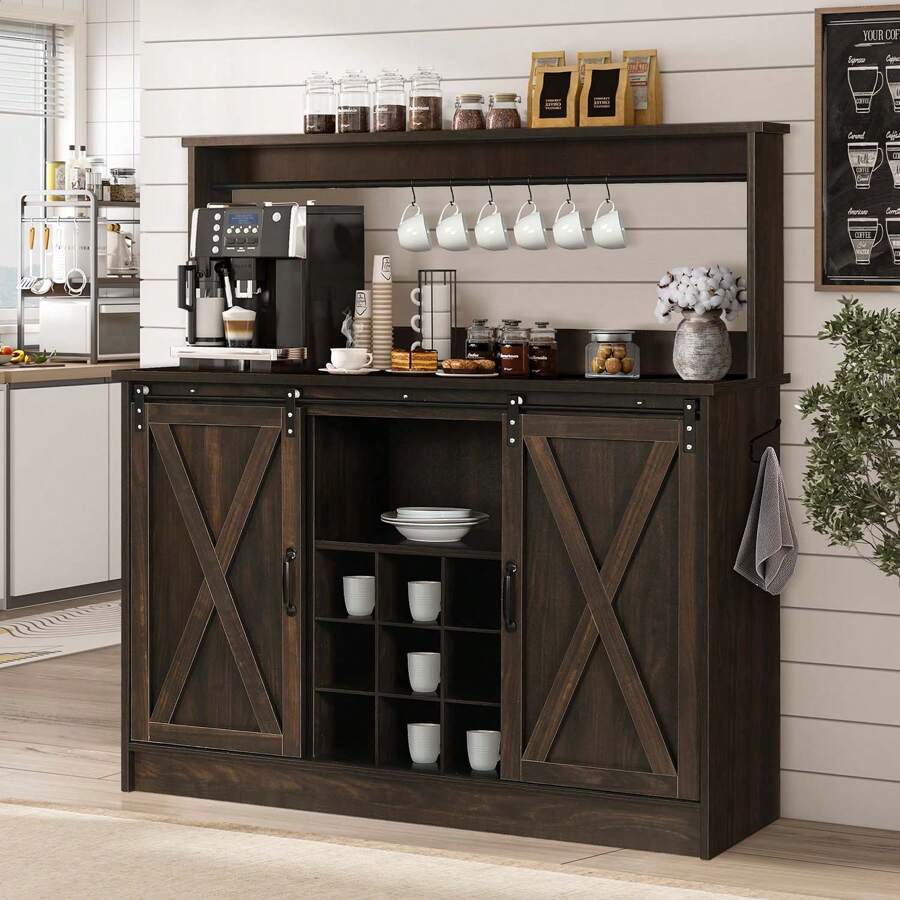 47" Farmhouse Buffet Cabinet With Storage, Farmhouse Coffee Bar Cabinet With Wine Racks And 6 Hooks, Coffee Bar Hutch With Storage For Entry Way, Hallway,Living Room, White/Brown/Gray - màu nâu - Xem 1