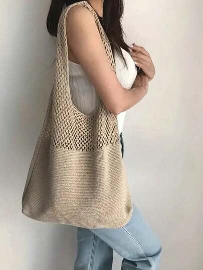 女士简约大容量镂空编织购物袋、休闲手提包和旅行手提包