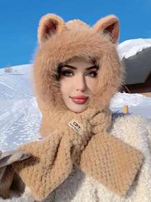 1 可爱二合一帽子围巾，狐狸耳朵围巾，兔耳羊毛帽，可爱耳朵羊毛帽和围巾组合，一体式耳罩防风帽和围巾，适合女性冬季秋季 - 彩色 - 查看 4