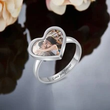 Personalized Copper Heart-Shaped Photo Ring - Customized Engraving, Romantic Couple Gift For Christmas/Thanksgiving - Silver - View 3