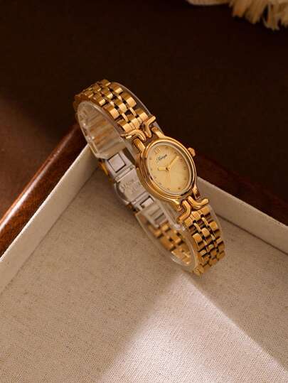 XIVIYA 1pc Women's Elegant Gold-Color Oval Dial Waterproof Wrist Watch, High Quality Gift For Holiday