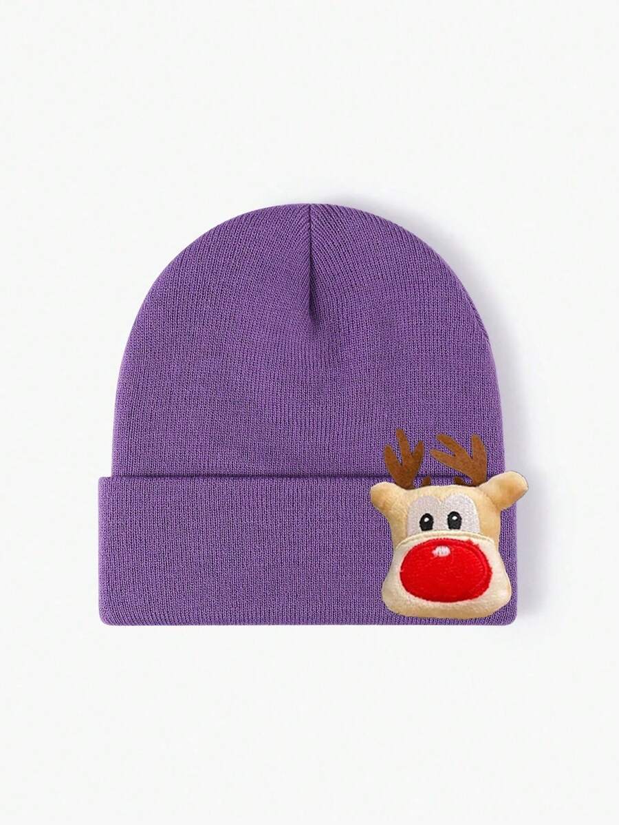 1pc Customized Solid Color Embroidered Fluffy Hat With Christmas Deer