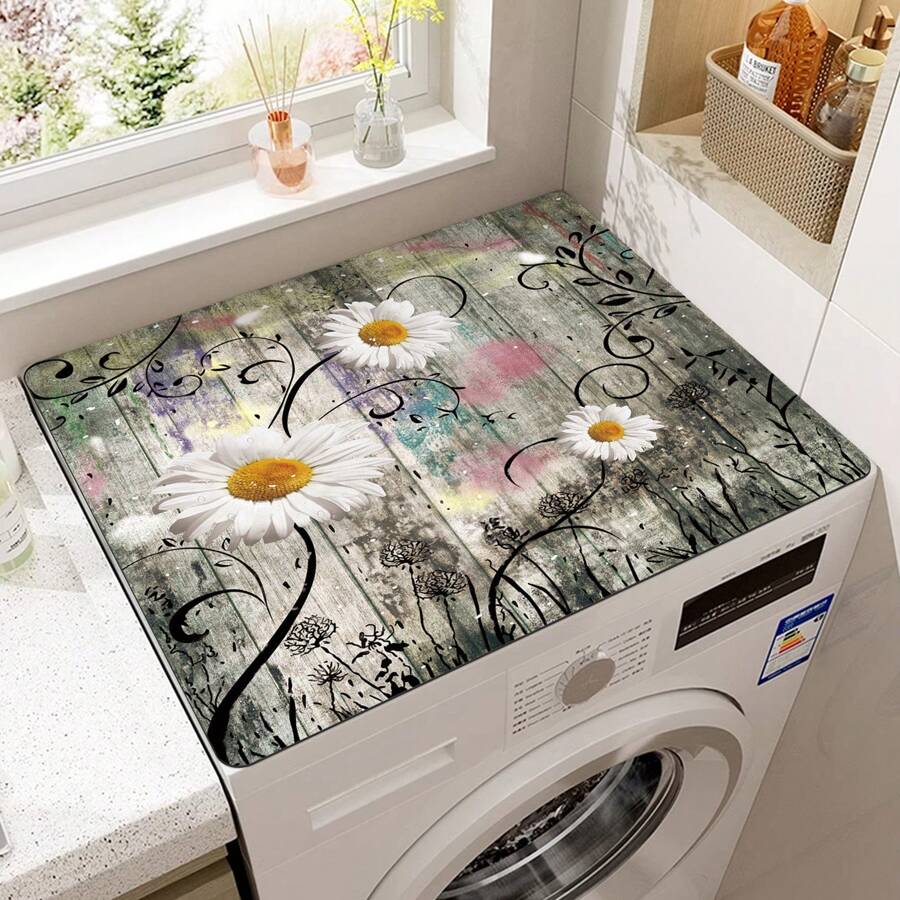 1 tấm phủ máy giặt họa tiết hoa cúc vân gỗ, tấm lót máy sấy chống bụi, tấm lót chống trượt in họa tiết, tấm lót thoát nước, tấm phủ chống bụi cho đồ gia dụng - Thảm chống bụi máy giặt - Xem 1