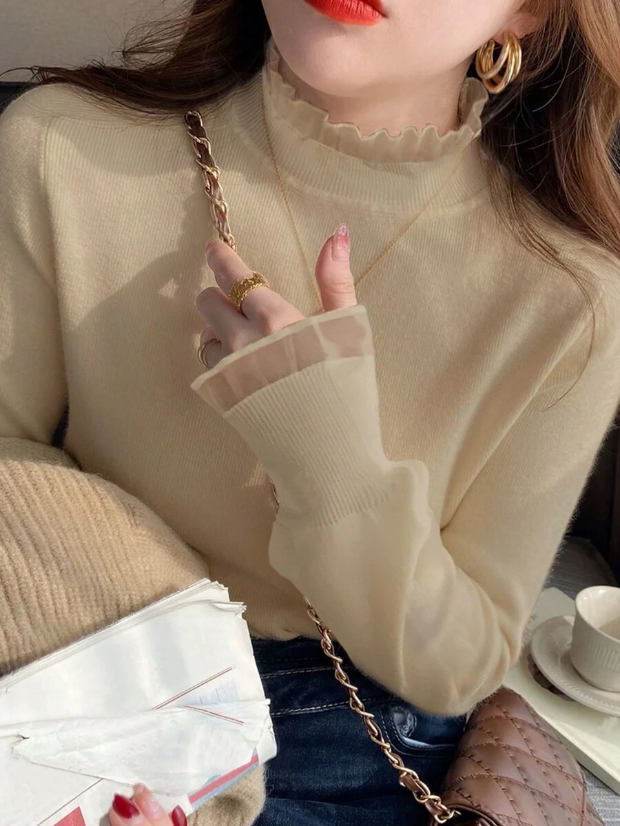 女士休闲纯色荷叶边半高领毛衣,秋冬 - 杏色 - 查看 1