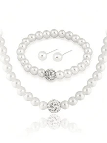 4 件套人造珍珠串珠项链、手链和耳环，优雅的珍珠首饰套装，适合女孩的优雅节日派对礼物 - 白色 - 查看 3