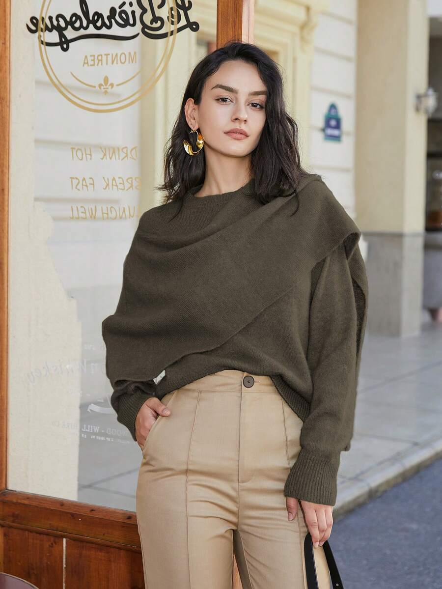 女士纯色休闲百搭人造丝长袖交叉前套头毛衣，蝙蝠袖披肩领针织优雅时尚上衣，女士春季服装 - 棕綠色 - 查看 1