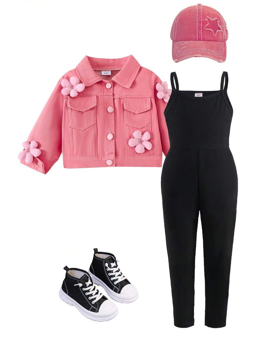 Bộ 2 quần yếm denim dài tay màu hồng thời trang cho bé gái, thu đông - Hồng - Xem 1