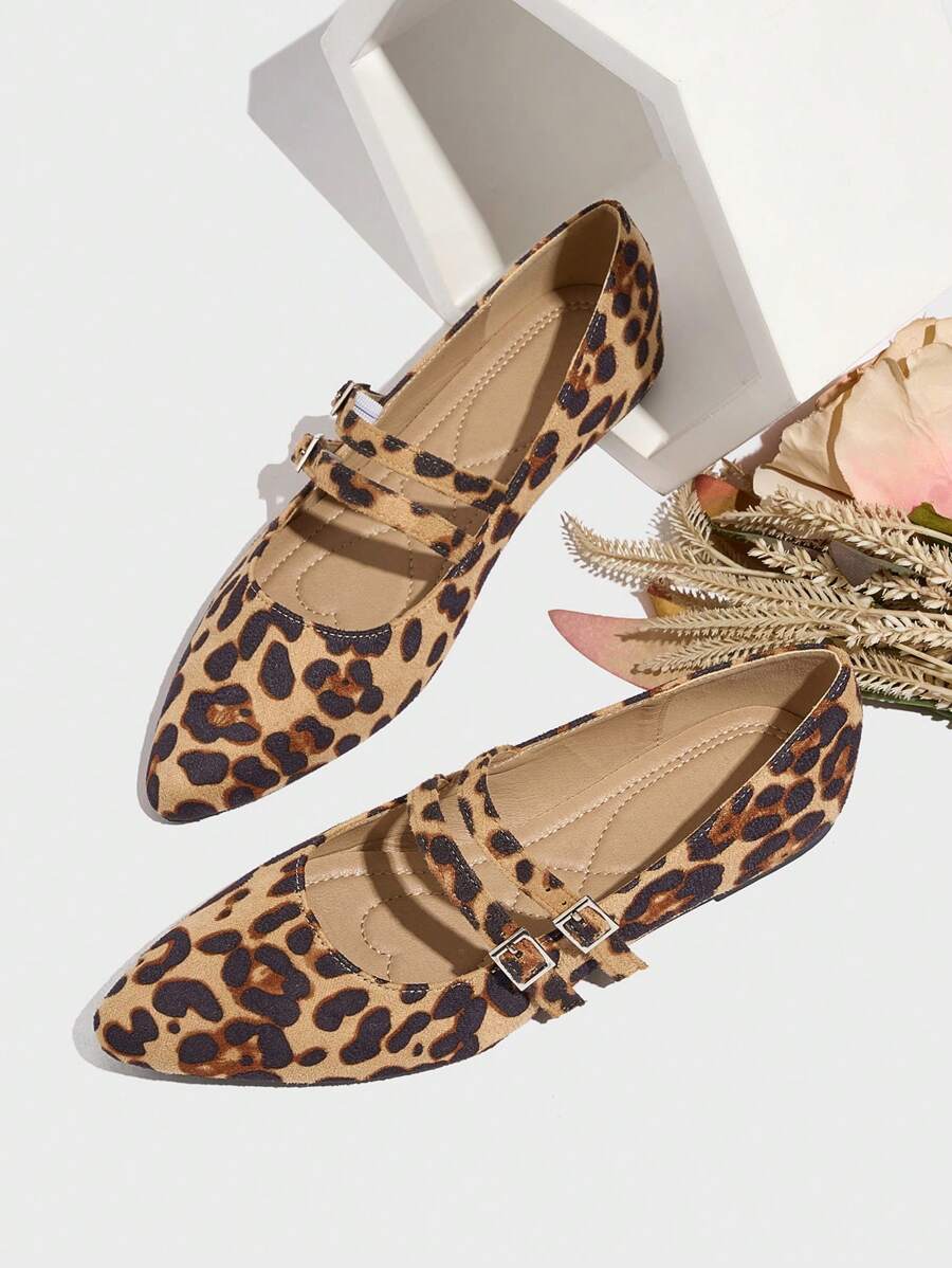 女士尖头平底鞋，休闲办公穿着黑色皮革乐福鞋，软底舒适玛丽珍豹纹鞋