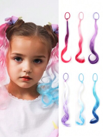 Bunte Haarverlängerungen mit Gummibändern, synthetische Regenbogen Pferdeschwanz-Haarzubehör, lockige Welle Haarverlängerung für Mädchen und Kinder