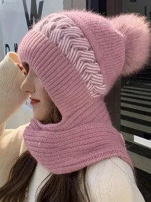 1 件女式双色针织围巾帽子口罩三合一套装带耳朵保护，适合户外运动保暖