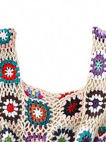 Womens Crochet Tank Top Knit Colorful Floral Embroidery Summer Boho Camisole Hollow Out Top - Màu be - Xem 2