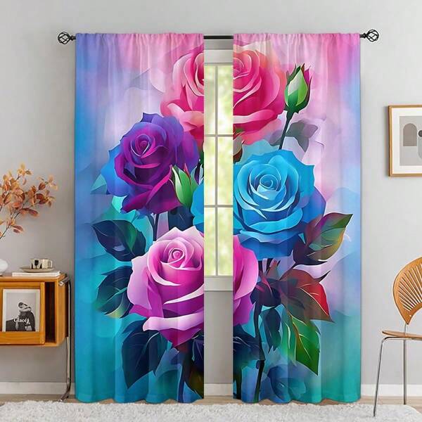 2PCS Light Luxury Romantic Rose Magnolia Pattern Blackout Curtains - Ribbed Woven Pocket Design, Privacy And Easy To Take Care Of, Suitable For Bedrooms, Living Rooms, Bathrooms And Other Daily Decoration.