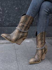 欧美风格棕色蛇纹西部靴，仿木鞋跟，链条装饰，随机面料纹理，女士时尚靴子 - 彩色 - 查看 1