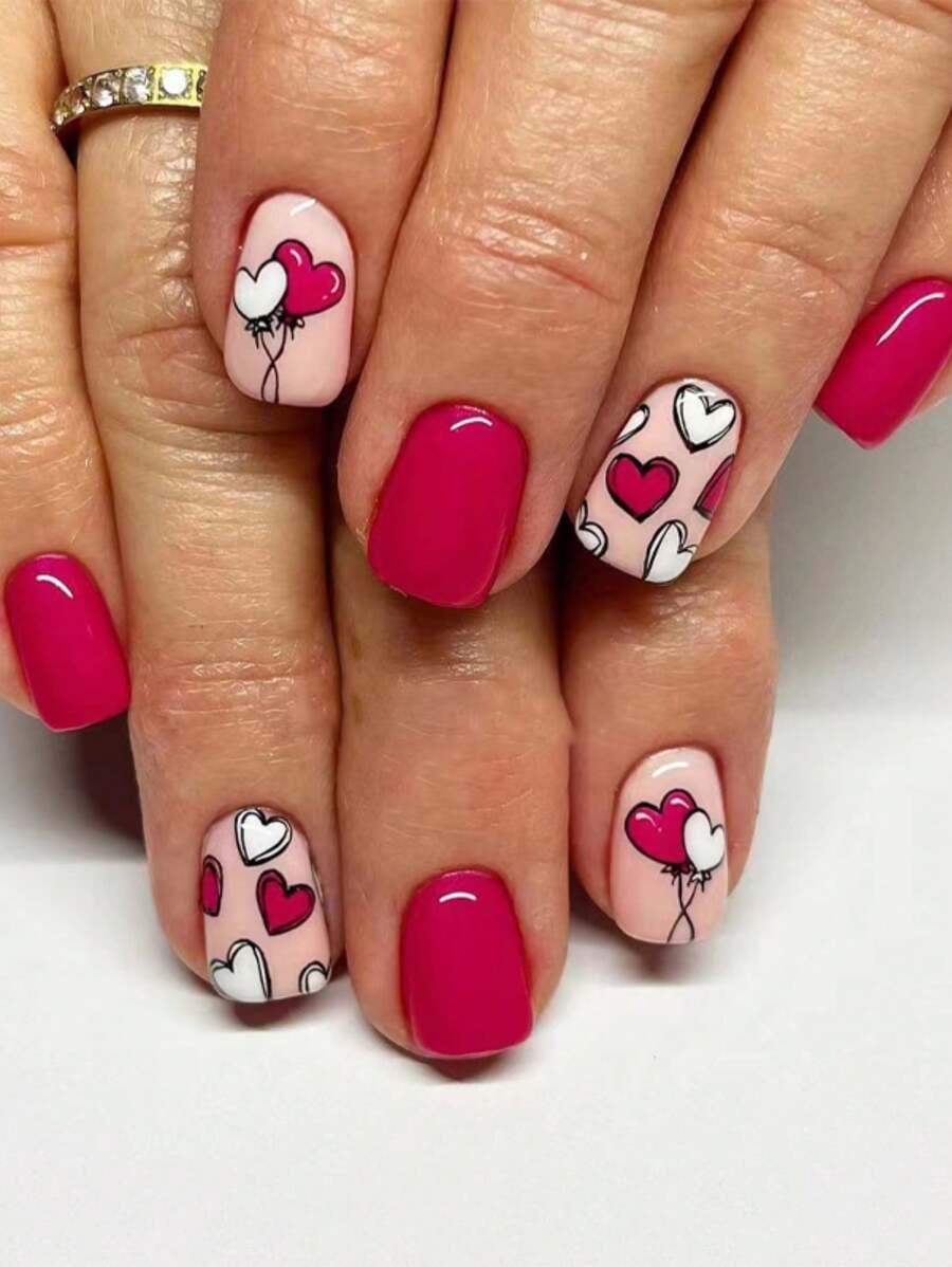 增加你的魅力，24 片按压式指甲，短方形，粉色指甲尖，心形，爱心气球图案假指甲，美甲套装，情人节礼物，设计适合女孩日常佩戴的美甲用品 - 粉色 - 查看 1