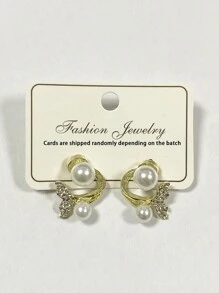 1pair Chic Fish Tail Shape Earrings With Rhinestones & Faux Pearls For Women