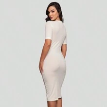 Kit 02 Short Sleeve Round Neck Comfortable Basic Plain Premium Midi Dress - Màu Khaki - Xem 2