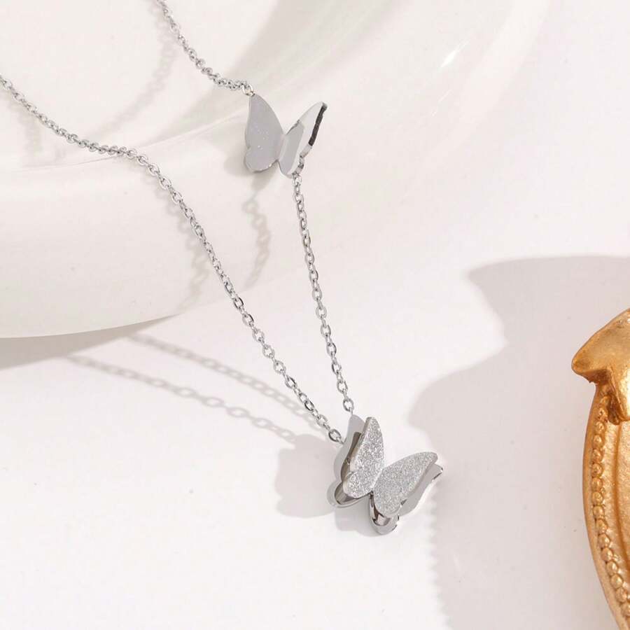 Short Titanium Steel Butterfly Necklace Female Neck Chain Non-Fading Cool Style Ins Temperament Internet Celebrity Simple Accessories - 銀色 - 查看 1