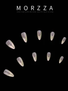 24 件休闲优雅浪漫街头简约日常假日白色珍珠装饰极光黄绿色法式中号杏仁按压指甲假指甲套装，瞬间提升您的外观，适合优雅精致的女孩和女性使用 - 黃色 - 查看 2