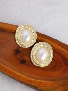 1 对几何纹理椭圆形人造珍珠镶嵌吊坠复古优雅女士耳环 - 金黃色 - 查看 5