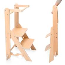 Foldable Toddler Tower - 3-Level Adjustable, For Ages 2-6, CPC Approved (Natural) - Beige - View 1