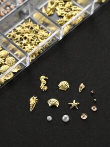 Juego de 12 rejillas de charms para uñas con cuentas 3D de caviares, cristales de imitación y diseños inspirados en el océano - 12 tamaños, que incluye conchas de aleación, abulón, caballito de mar, estrella de mar, caracol y perlas para manualidades de manicura DIY