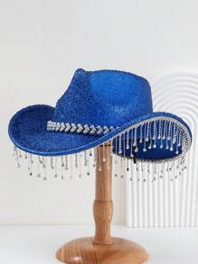 1pc Unisex Shiny Solid Color Cowboy Hat With Unique Heart-Shaped Rhinestone Embellished Belt Strap And Glitter Tassel, Suitable For Girlcore, Vintage, Floral, Spring/Summer Bright Colors, Pink Aesthetic, Punk Style Wide-Brim Hat, Street Fashion, 2024 Wedding Essentials, Classy Aesthetic, Dinner Party Essentials, Suitable For Parties, Western Themed Events, Gatherings - Gem - View 7