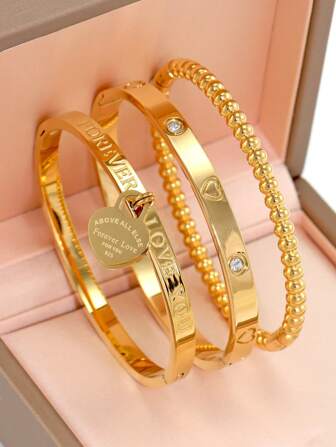 אופנה 18K ציפוי זהב נירוסטה כפול בצורת לב צמיד תליון צמיד לנשים, תכשיטי מסיבות וחתונה בסגנון אירופאי ואמריקאי מתנה ליום האהבה ולנטיינס, אמא, אמא, יום האם, מתנה