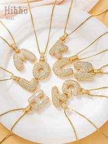 1 件/套 26 件不锈钢方晶锆石英文字母吊坠项链女士 - 金黃色 - 查看 5