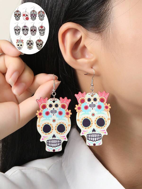 1pair Wooden Funny Ghost Head Painted Skull Drop Earrings For Women Girl For Mexican Day Of The Dead Party Celebration Parade Jewelry Accessories