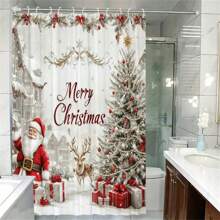 充满活力的圣诞浴帘 - 防水、可机洗、涤纶混纺，配有 12 个挂钩、圣诞老人和驯鹿图案艺术设计，适用于家庭和酒店装饰，易于护理、防锈且耐用 - 酒紅色 - 查看 2