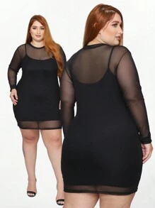 Sexy Plus Size Tulle Dress With Lining For Party Night - 黑色 - 查看 4