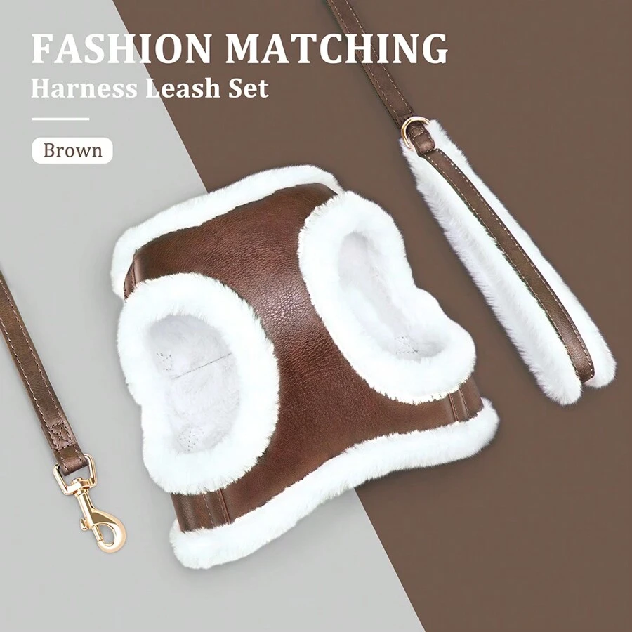 Autumn/Winter Thermal Lined Dog Harness And Leash Set, PU Leather Warm Pet Dog Harness And Leash