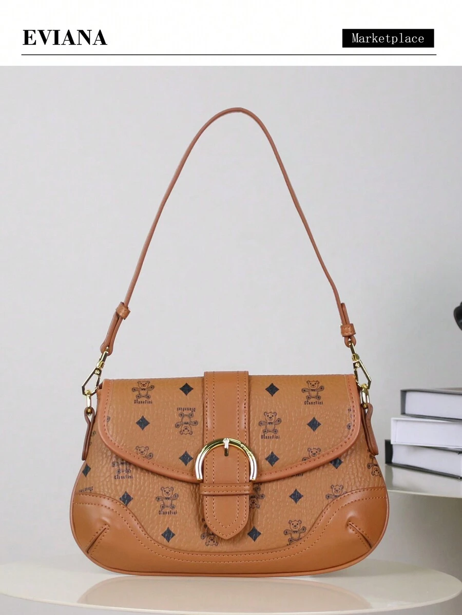 Túi đeo chéo nữ thời trang sang trọng 2024 thiết kế mới đa năng thanh lịch dưới cánh tay túi đeo chéo nữ cao cấp túi baguette in hình gấu hoạt hình Hàn Quốc túi nhẹ đi làm cho phụ nữ - màu nâu - Xem 1