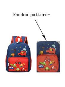 1pc Kids' Cartoon Car Printed Nylon Zipper Closure Cute Backpack, Suitable For Outdoor, Kindergarten Daily Use (Pattern Random) - Red - View 3