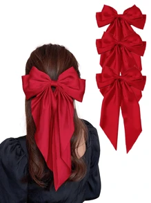 3 件装丝缎蝴蝶结发夹，大号蝴蝶结长丝带可爱发饰，圣诞蝴蝶装饰时尚金属夹发夹红色和绿色