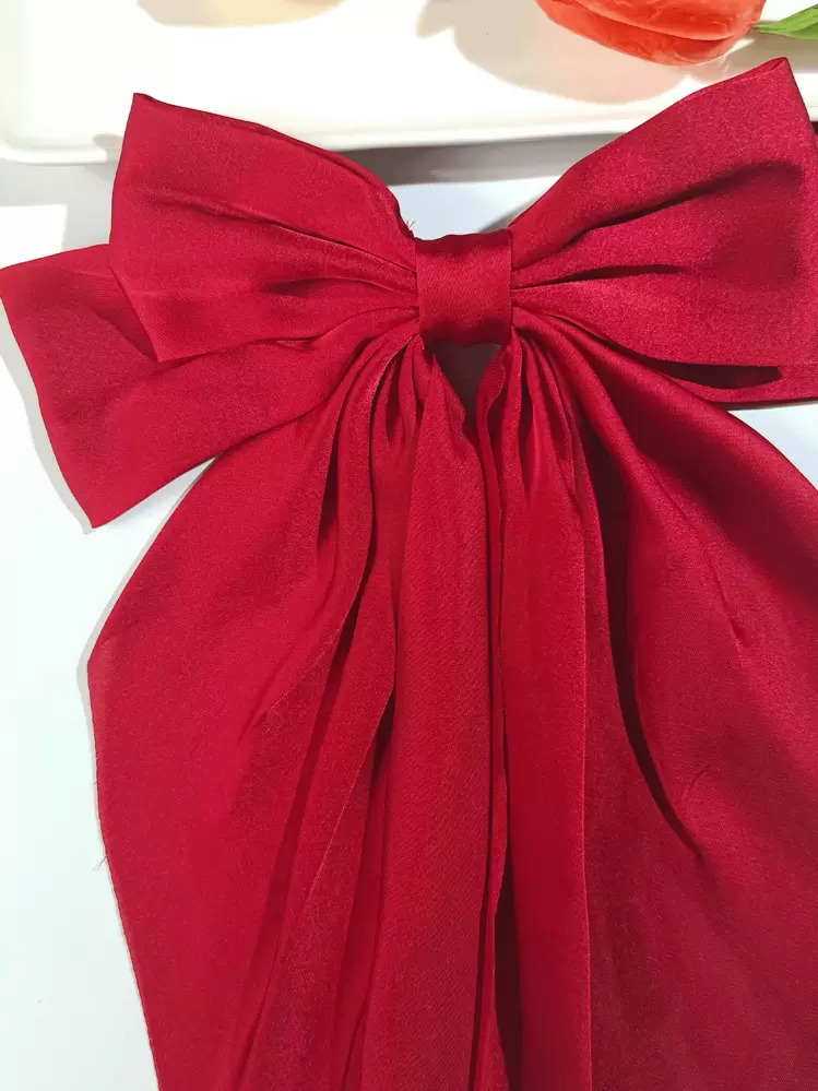 3pcs Silk Satin Bow Hair Clip, Large Bow Long Ribbon Cute Hair Accessory, Christmas Butterfly Decoration Metal Clip Hairpin Red And Green - Red - View 3