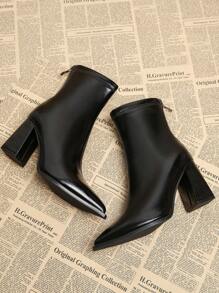 2025 Spring & Autumn New Arrival Women's Elegant Black Ankle Boots, Pointed Toe Thick Heel Versatile Short Boots, Fashionable For Autumn/Winter