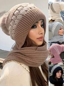 1 件女式双色针织围巾帽子口罩三合一套装带耳朵保护，适合户外运动保暖