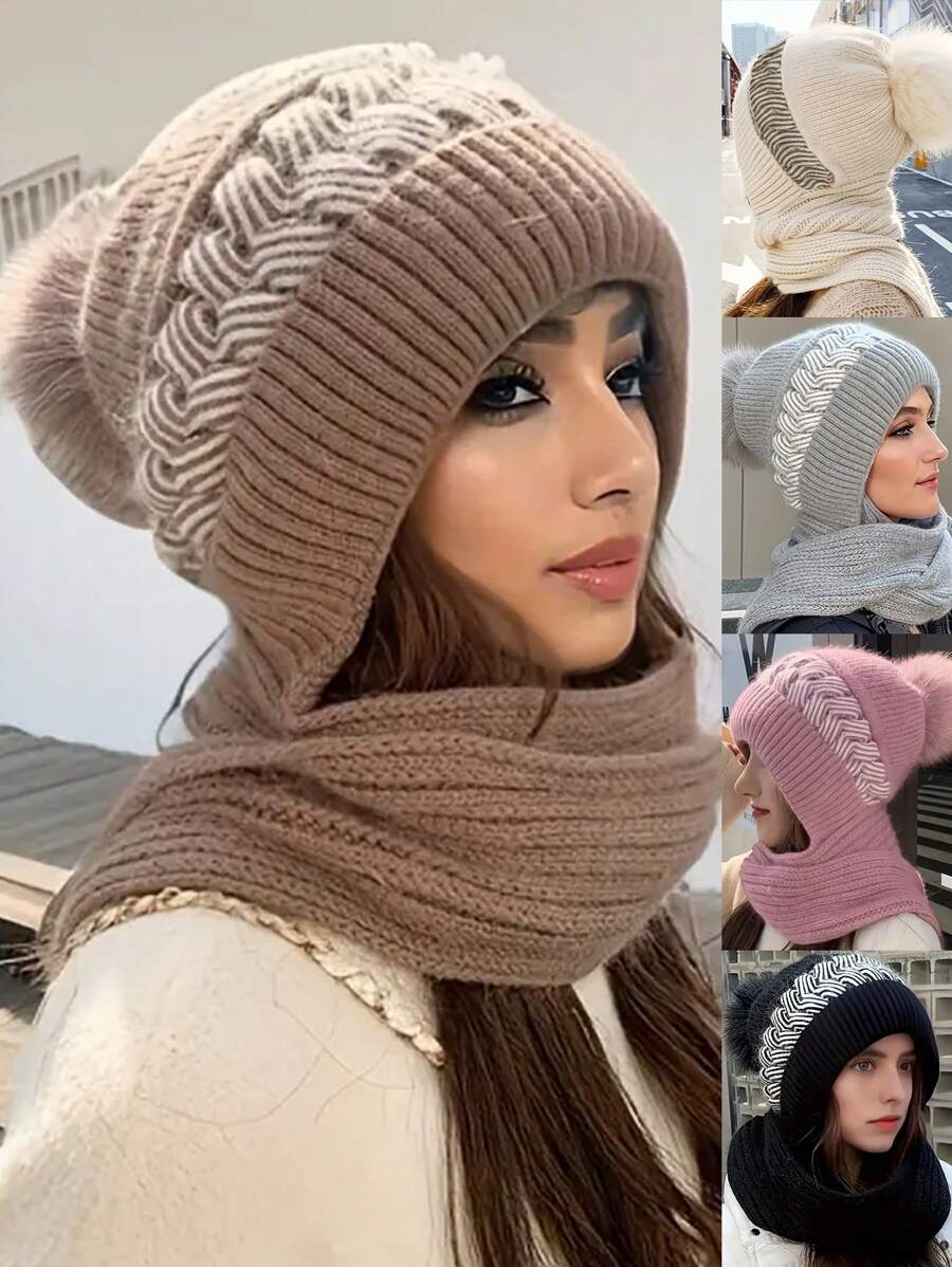 1 件女式双色针织围巾帽子口罩三合一套装带耳朵保护，适合户外运动保暖