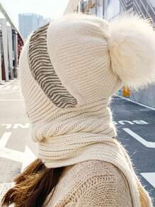 1 件女式双色针织围巾帽子口罩三合一套装带耳朵保护，适合户外运动保暖