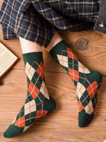 3 Cặp Vớ Đan Họa Tiết Kim Cương, Vớ Dài Đến Bắp Chân Phong Cách Retro Ấm Áp Dày Dành Cho Nữ, Unisex Size 3.5-11, 3 Màu - Nhiều màu - Xem 5