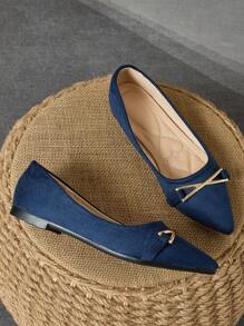 WHDXY 女士时尚百搭休闲尖头软底乐福鞋，蓝色一脚蹬平底鞋四季穿，女士软面低帮通勤鞋 - 藍色 - 查看 3