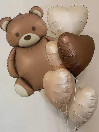 6 pièces Set de ballons ours en peluche et cœur rétro pour décoration de fête d'anniversaire de bébé, baby shower, décoration familiale, cadeaux