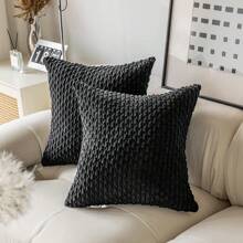 1pc Solid Color Textured Casual Corduroy Cushion Cover - Black - View 4