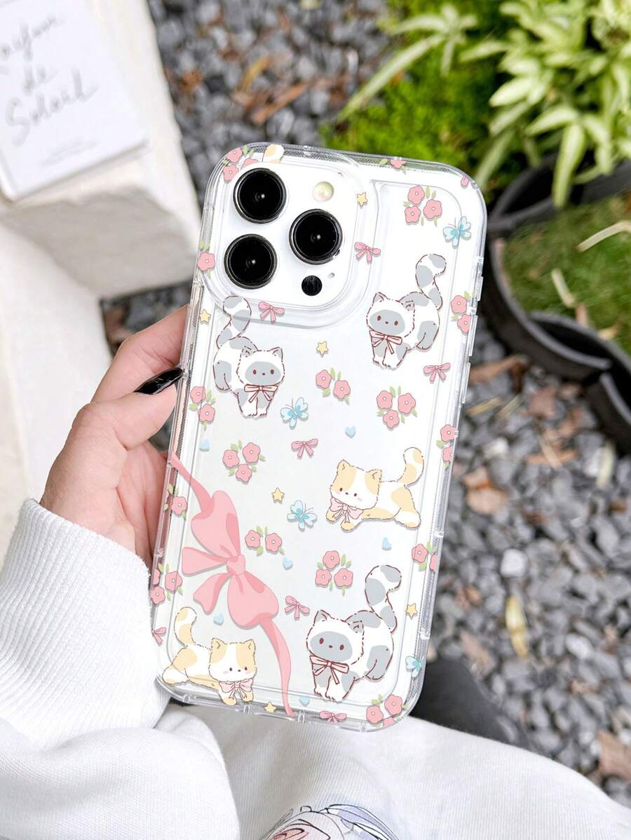1 件可爱花卉、猫咪、蝴蝶结设计防滑软手机壳，适用于 iPhone 11/12/13/14/15/16 Pro Max - 彩色 - 查看 1