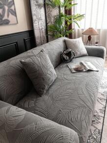1 vỏ bọc ghế sofa 3D, vỏ bọc ghế sofa phủ toàn bộ đa năng có thiết kế họa tiết lá màu trơn, bảo vệ ghế sofa, vỏ bọc ghế sofa nguyên khối đàn hồi cao dùng trang trí ngày lễ, tặng kèm 1 vỏ đệm - Màu xám đen - Xem 5