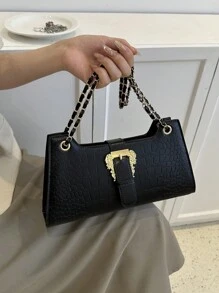 女士石纹腋下手提包小方形单肩包 - 黑色 - 查看 2