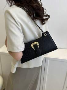 女士石纹腋下手提包小方形单肩包 - 黑色 - 查看 3